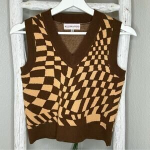 Willow & Wind Womens Sweater Vest Brown Tan Checkered Sleeveless Knit Top